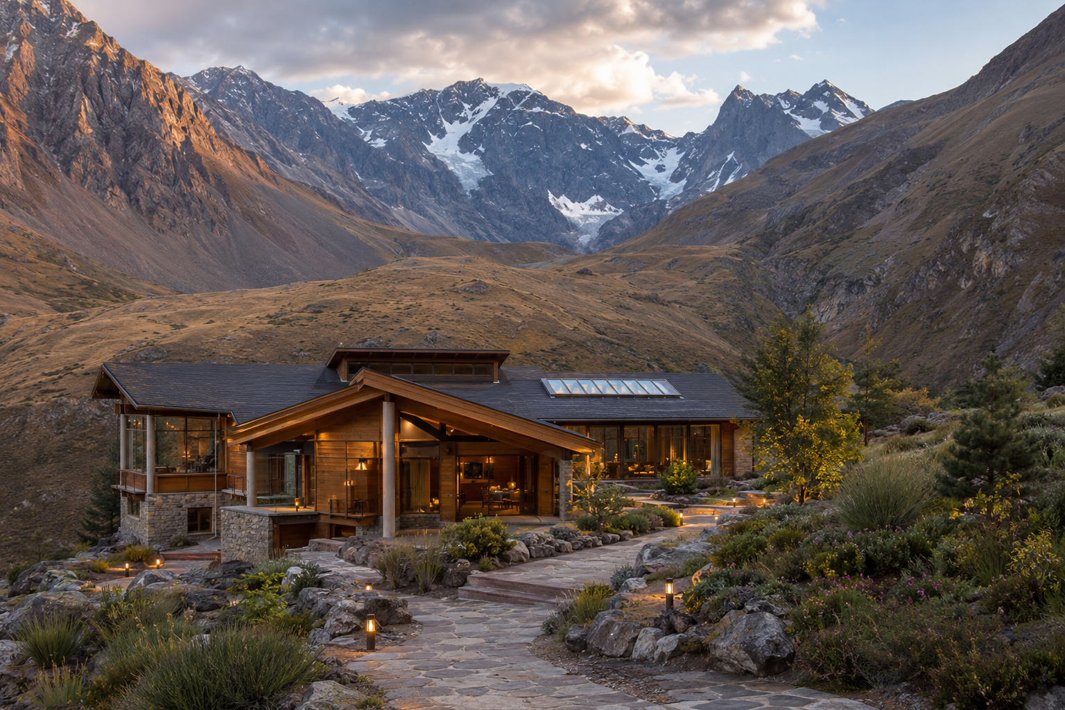 Boutique Andean hotel of stone and wood against snow-capped mountains at dawn