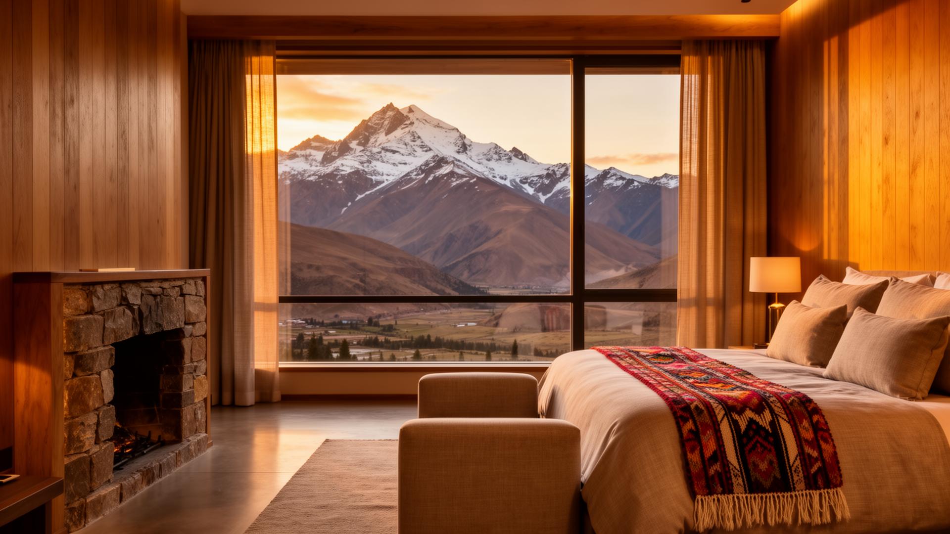 Andean hotel reception with stone wall and brass detailing